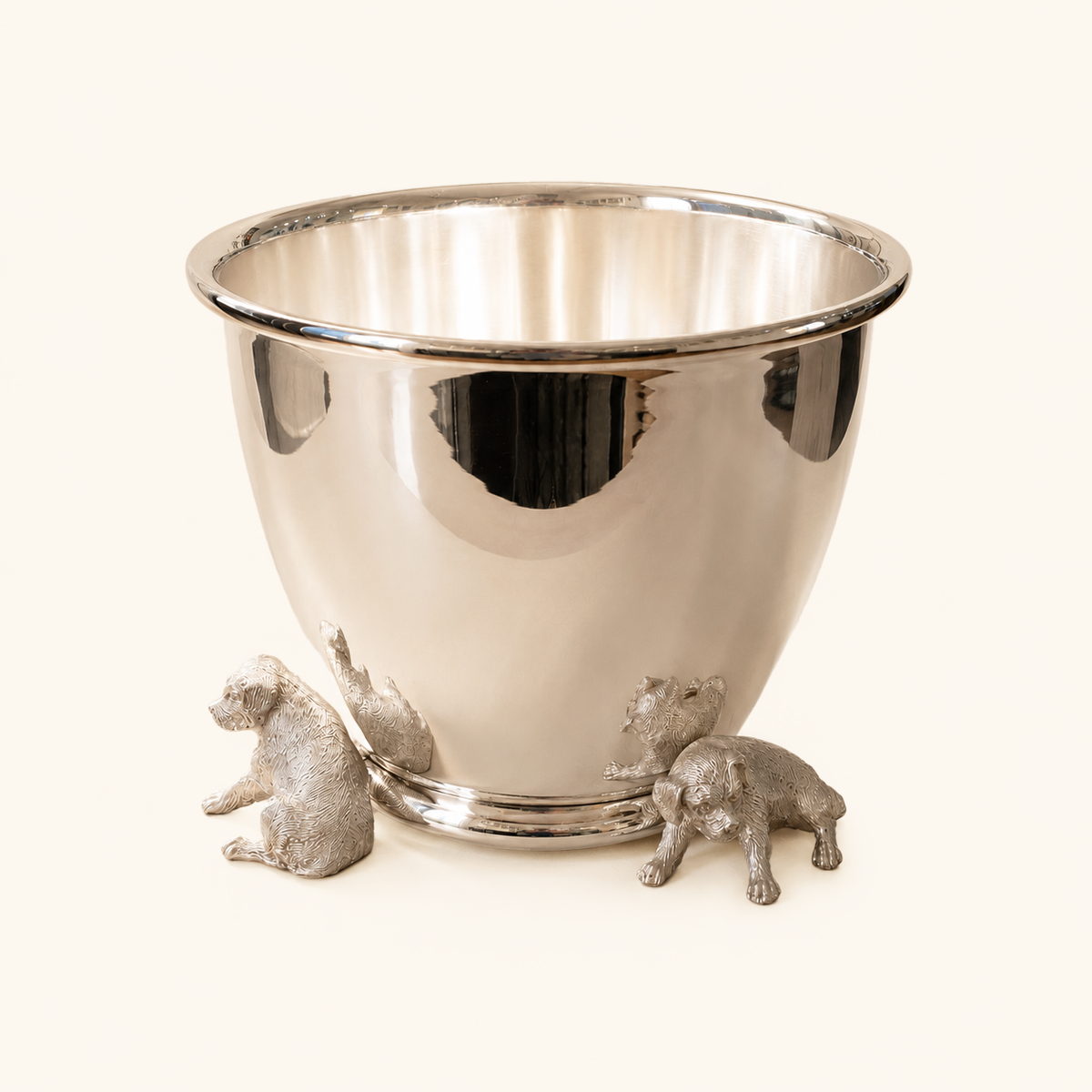 Silver-plated flower pot with two sterling silver animals
