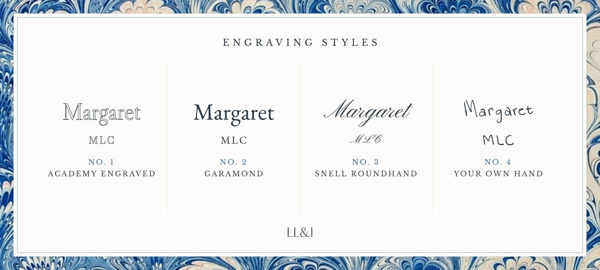 LL&I engraving styles shown as a name and initials: Academy Engraved, Garamond, Snell Roundhand and your own handwriting