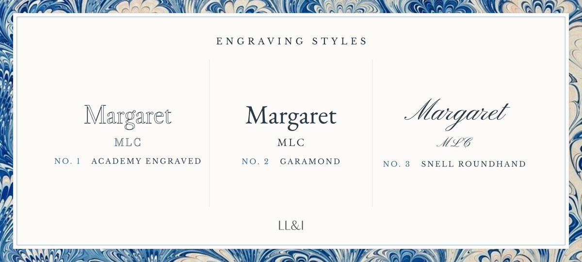LL&I engraving styles shown as a name and initials: Academy Engraved, Garamond and Snell Roundhand