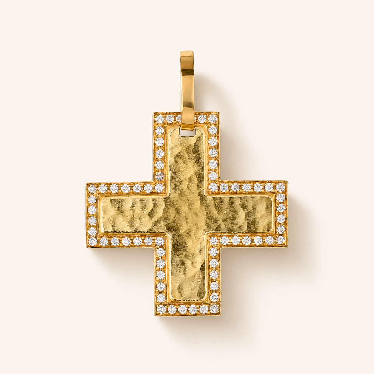 Hammered Cross Pendant with Diamond Border
